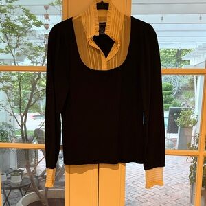 INC International Concepts Black Long-Sleeve Blouse with Cream Pleated Collar